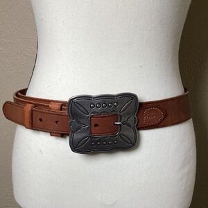 Vintage Brown Leather Belt Women's Solid Large Buckle, Double Layer Harness Belt
